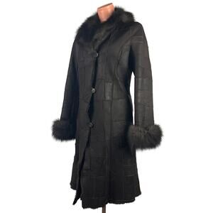 Y2K Shearling Sheepskin patchwork  Fox Fur Trim Pennylane Leather Coat S Black
